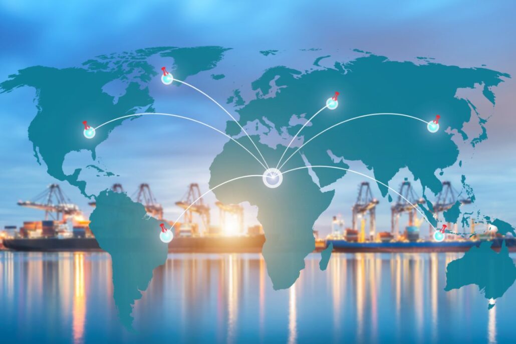Mapa mundial com ligação de pontos entre continentes