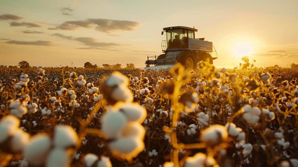 Produtor fazendo colheita de algodão ao por do sol