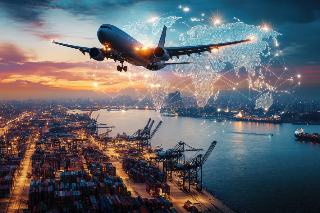 Mapa mundial com porto de carga marítimo e avião de carga voando, ilustrando o crescimento do comércio exterior e as oportunidades.
