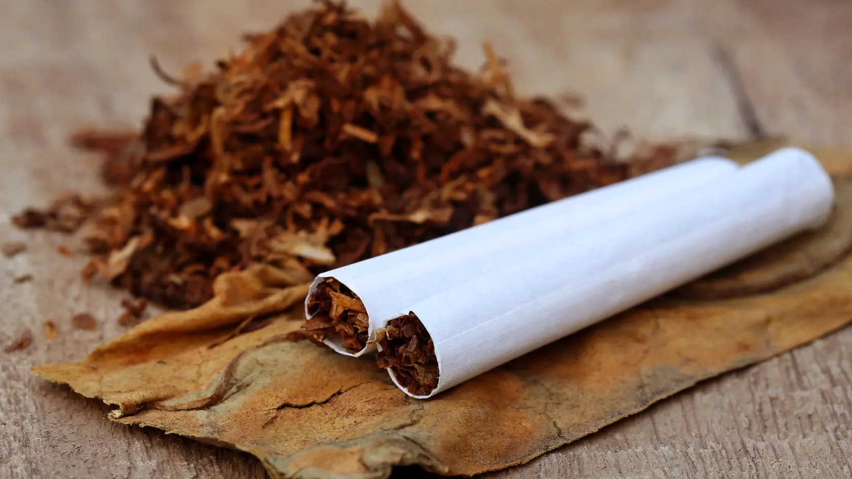 folhas de tabaco e cigarro sobre a mesa