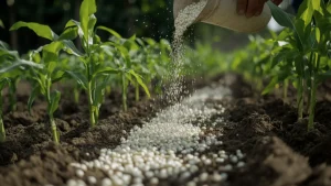 Aplicação de fertilizante granulado no solo em plantação agrícola no Brasil.